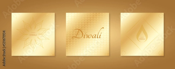 Obraz Happy Diwali greeting cards set. India festival of lights invitations templates with flower, texture, fire. Soft beige and gold luxury colors.