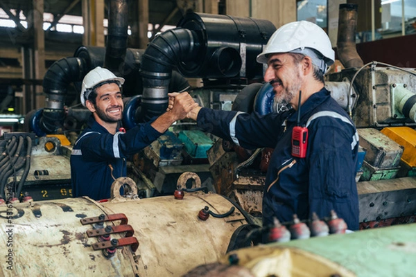 Obraz the technician repairing and inspecting the big diesel engine in the train garage 