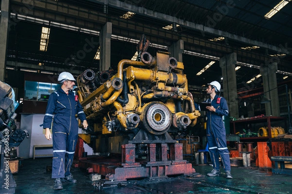 Fototapeta the technician repairing and inspecting the big diesel engine in the train garage 