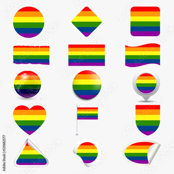 Fototapeta Rainbow flag set. LGBT gay and lesbian pride symbols, star, heart. Icons template. Modern flat vector illustration stylish design element.