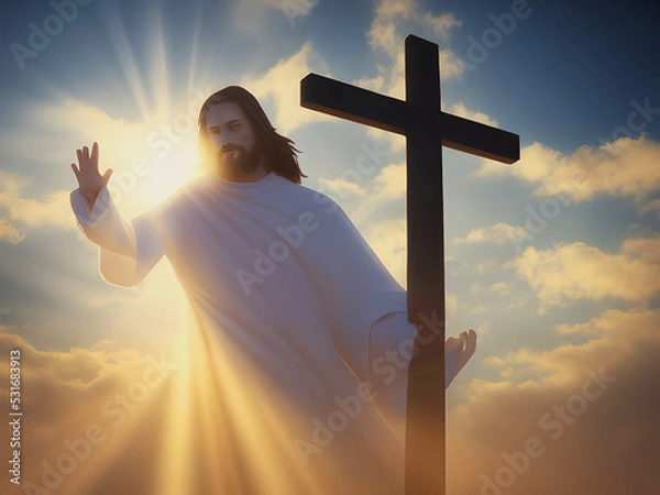 Obraz computer illustration of jesus christ is resurrected and walking in heaven holding cross and greetings people in distance, sunshine and god light in background