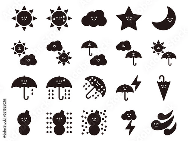 Fototapeta 顔入り天気アイコンのセット_黒ベタ