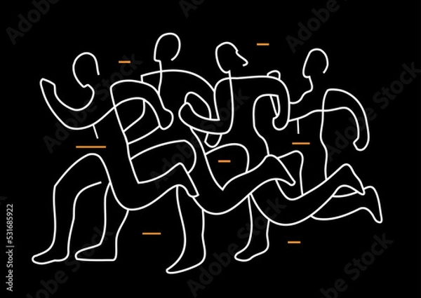 Obraz Running race, line art stylized.
Illustration of group of running racers. Continuous line drawing design.Isolated on black background. Vector available.
