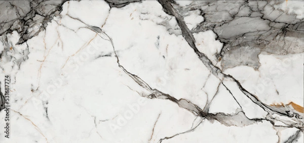 Fototapeta White polished finish italian statuario marble slab with thin streaks, white satvario calacatta panoramic marbling for flooring, wall cladding, ceramic tile, wallpaper, banner, website and print ads.