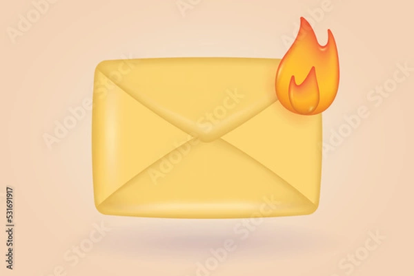 Fototapeta 3d vector icon closed envelope letter, mail letter with fire. Realistic Elements for deadline design. Isolated symbol. Burning mail or direct