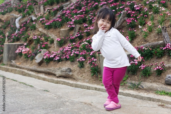 Fototapeta An Asian kid in a white shirt and purple pants in action with a smiley face in natural daylight. An Asian girl kid with rocks in the background.