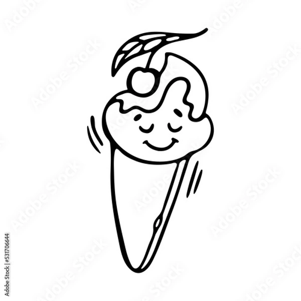 Obraz Kawaii Ice Cream Cone with cherry outline doodle cartoon Vector Illustration. Funny Character face with cheerful emotion for Coloring book