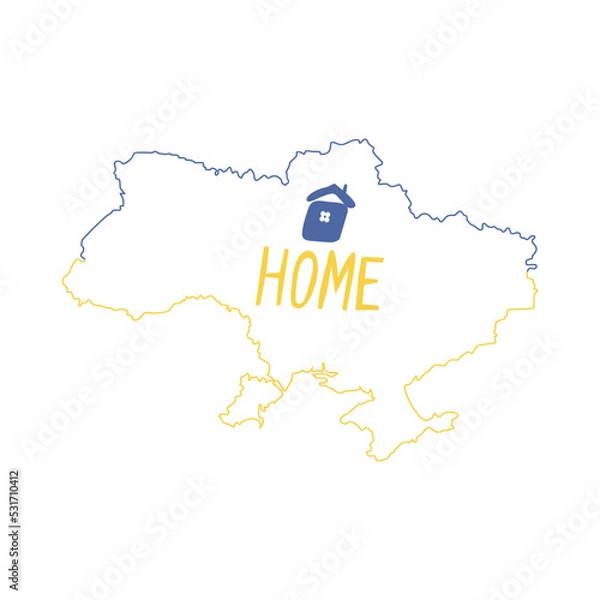 Fototapeta Ukraine is my home. Map of Ukraine with a house. Abstract patriotic Ukrainian flag with the symbol of the house. Vector illustration. Isolated on a white background.