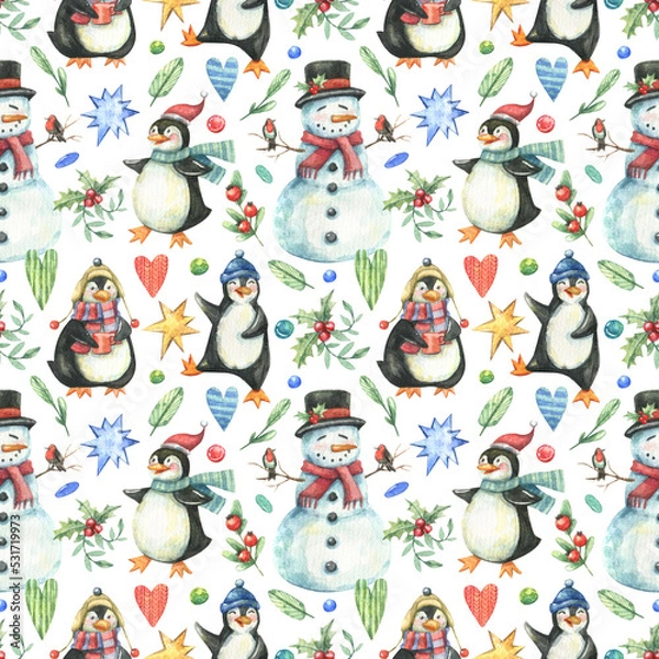 Obraz Christmas, New Year's pattern with cute cartoon snowmen, penguins, and holiday decor, painted in watercolor. New Year, Christmas festive watercolor background. Texture for wrapping paper.