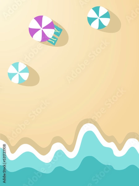 Fototapeta Summer beach background with sun umbrellas and blue sea waves. Vector illustration vertical banner with space for text