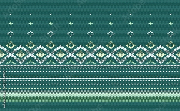Fototapeta Knitted ethnic pattern, Vector cross stitch chevron background, Embroidery element african style, White and green pattern beautiful native, Design for textile, fabric, backdrop, rug