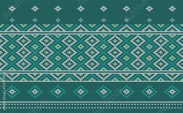 Fototapeta Knitted ethnic pattern, Vector cross stitch oriental background, Embroidery retro Moroccan style, Green and white pattern aztec element, Design for textile, fabric, curtain, wrapping