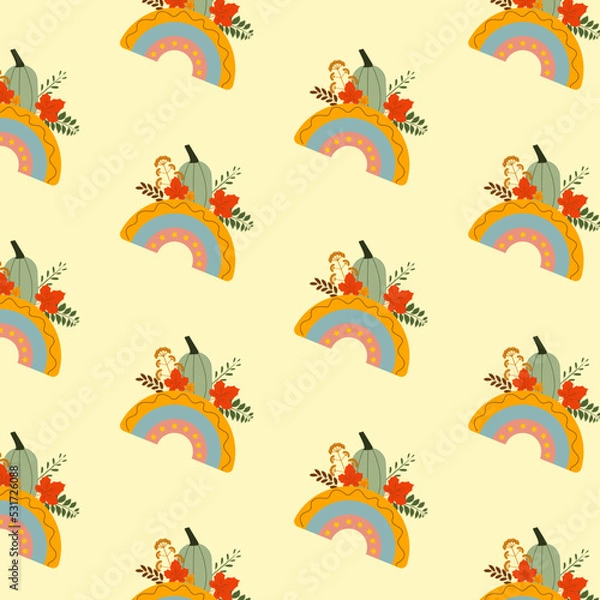 Fototapeta Seamless pattern with leaves and rainbow. Autumn pattern for fabric, wallpaper, gift paper.