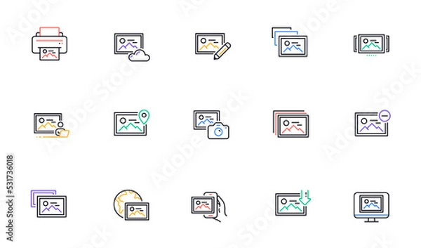 Fototapeta Photo line icons. Download picture, Print image, Photo camera icons. Edit image, Presentation and photo printer. Picture gallery carousel, placeholder pic. View portfolio. Vector