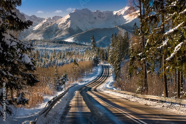 Fototapeta The road to the Tatra Mountains, winter, snow, frost. Panorama of winter mountains, Glade Głodówka, Poland. 
Droga do Tatr, zima, śnieg, mróz. Panorama zimowych gór, Polana Głodówka, Polska.