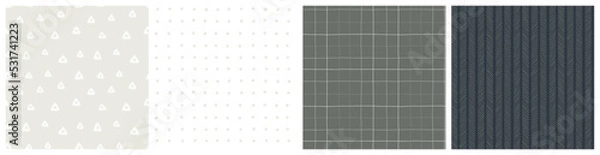 Fototapeta Neutral masculine seamless pattern set in olive green, khaki, white and black colors. Bedding textile fabric print for men on teenage boy with herringbone, trendy plaid, triangle and spot grid vector 