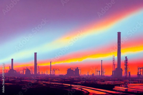 Fototapeta Landscape of pollution in city, polluted factory over smog in the air and nature. Industry issue that polluted the planet. Using neural network for painting