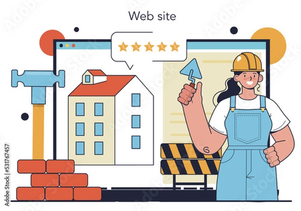 Obraz Builder online service or platform. Workers constructing house