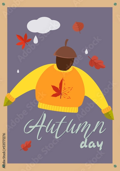 Fototapeta Warm orange sweater with autumn leaves. Lettering. Autumn vibe. Autumn mood. Vector.