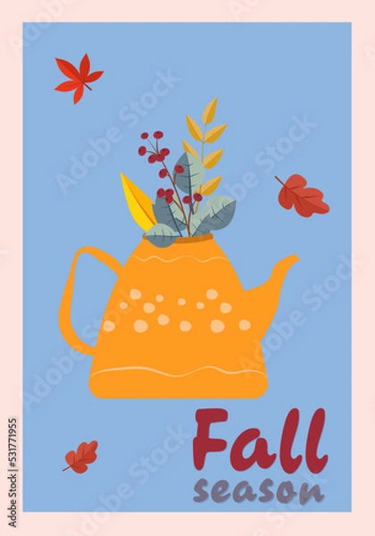 Fototapeta Teapot with a bouquet of flowers. Falling leaves. Autumn vibe.