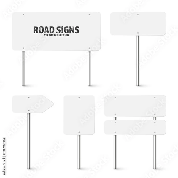Obraz Various road, traffic signs. Highway signboard on a chrome metal pole. Blank white board with place for text. Directional signage and wayfinder. Information sign mockup. Vector illustration