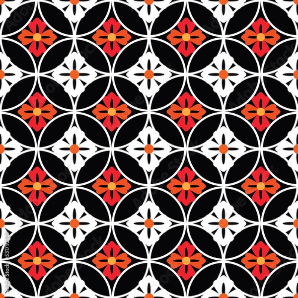 Fototapeta Beautiful japanese seamless pattern with clouds, waves, Daruma,  plum, fan, sakura flower Vector template kimono asian texture. For printing on packaging, textiles, paper,fabric, manufacturing, wallpa