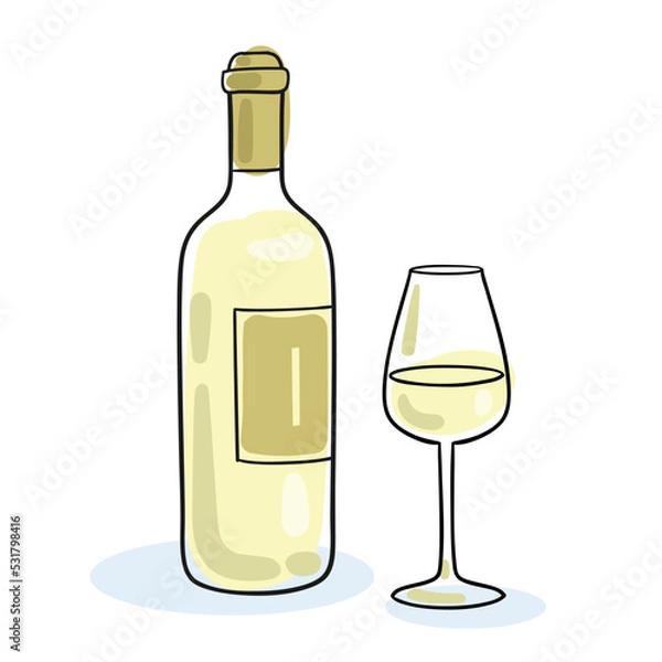 Fototapeta Bottle of white wine and wine glass. Picture in line style. Black contour with colored spots. Isolated on white background.  Vector flat illustration.