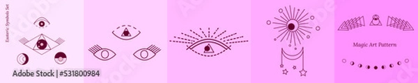 Fototapeta Large set of images of esoteric objects, alchemy, magic, divination, occultism. Image of third eye. Vector doodle in outline style for tarot card design, tattoos, social media, groups, web pages.