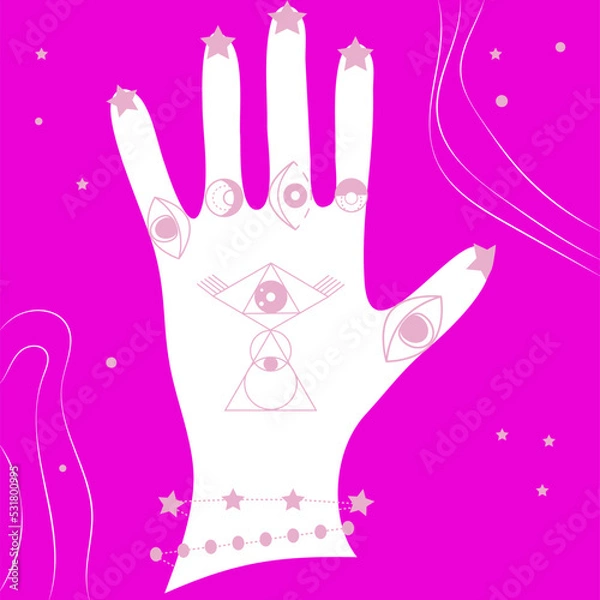 Fototapeta Esoteric symbols for fortune telling by hand. Magic session, look into future, connection with universe, palmistry signs. Rings, bracelets from celestial symbols, jewelry on arm. Vector drawing