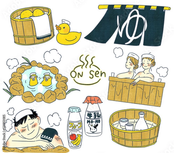 Fototapeta 温泉イラスト　銭湯　温泉につかる男女セット