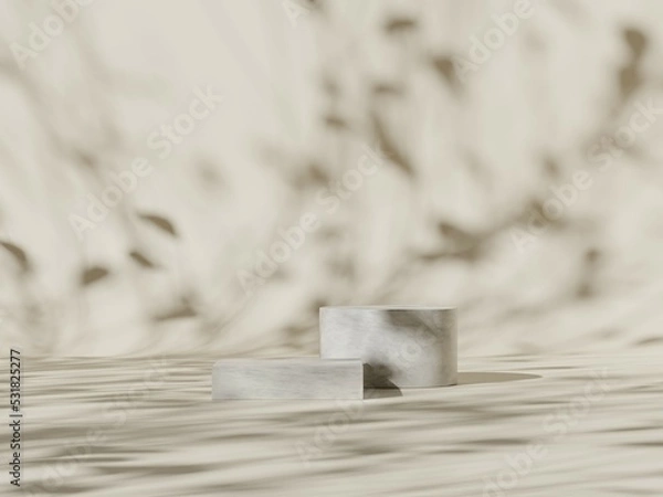 Fototapeta Premium podium display with leaf shadow, Cosmetics or beauty product promotion mockup. Natural stone step pedestal. Trendy minimalist banner, 3D render illustration.