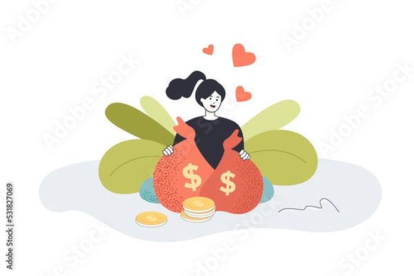 Fototapeta Cheerful girl with bags of money flat vector illustration. Happy woman earning huge amount of money. Wealth, banking, saving concept for banner, website design or landing web page.