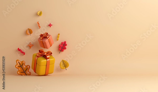 Fototapeta Autumn decoration background with orange leaves, gift box, copy space text, 3d rendering illustration