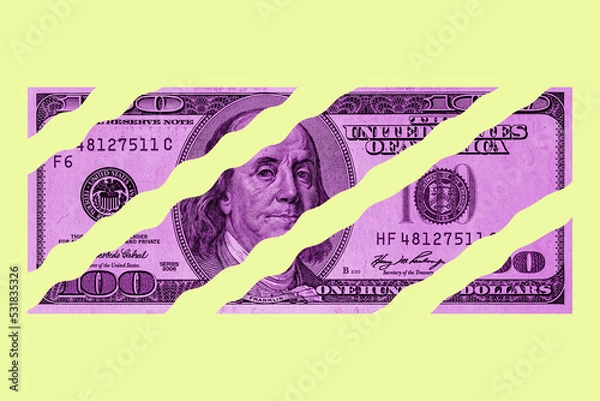 Fototapeta Contemporary artwork background with colored banknote. Digital texture backdrop. Trendy pop art fun culture. Neural network art poster. Funky punk collage design. Creative concept money illustration.