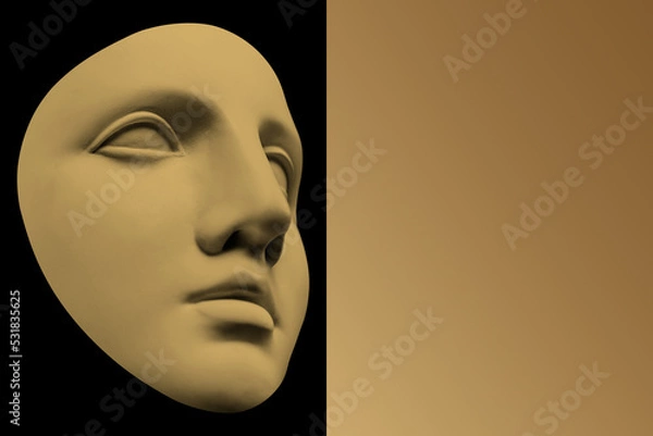 Fototapeta Antique sculpture of human face in artificial intelligence luxury art style. Modern creative concept image with ancient gold statue. Contemporary neural network art poster. Funky punk collage design.