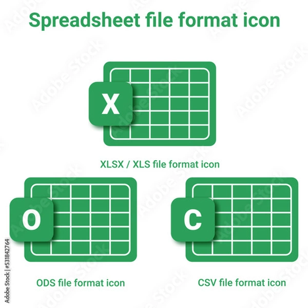 Fototapeta Vector of spreadsheet icon. XLSX or XLS format icon,CSV format icon,and ODS format icon.digital document extension. Open document format for spreadsheet.