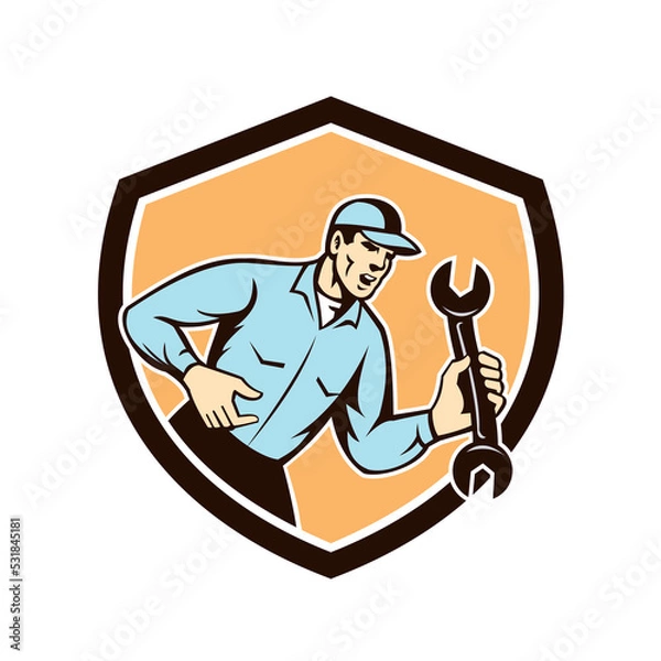 Fototapeta Mechanic Shouting Holding Spanner Wrench Shield Retro