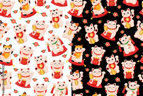 Fototapeta Cute Maneki Neko Japanese cat seamless pattern set. Symbol of luck and wealth. Suitable for printing on paper and fabric. Vector cartoon background. Vector illustration. 