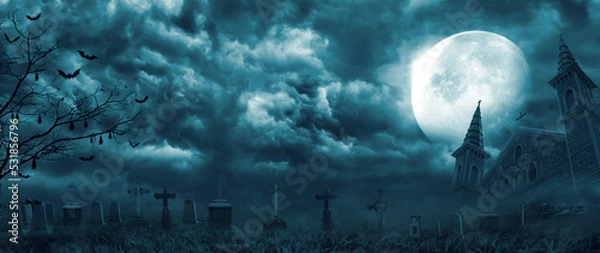 Fototapeta Graveyard cemetery to castle In Spooky scary dark Night full moon and bats on dead tree. Holiday event halloween banner background concept.