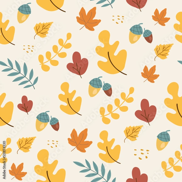 Fototapeta Seamless pattern with acorns and autumn oak leaves in orange, beige, brown and yellow. Perfect for wallpaper, gift paper, pattern fill, web page background, fall greeting cards.
