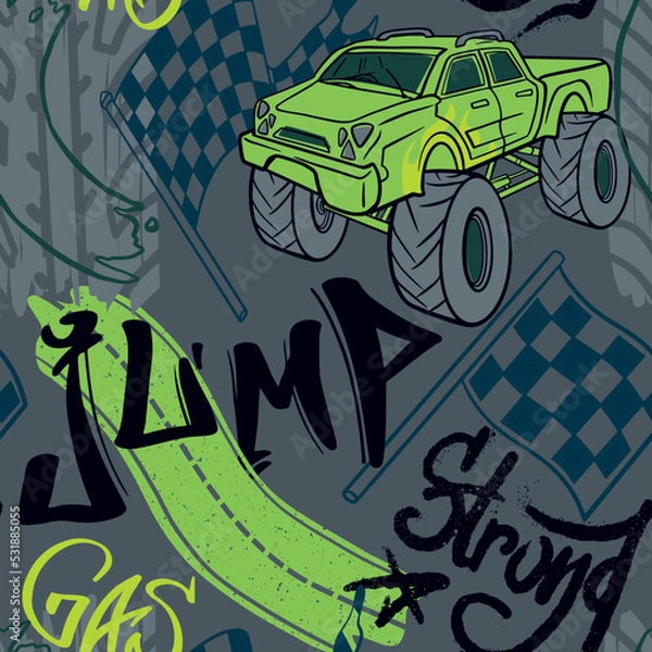 Fototapeta Abstract seamless cars pattern for boy on background. Childish style wheel auto repeated backdrop