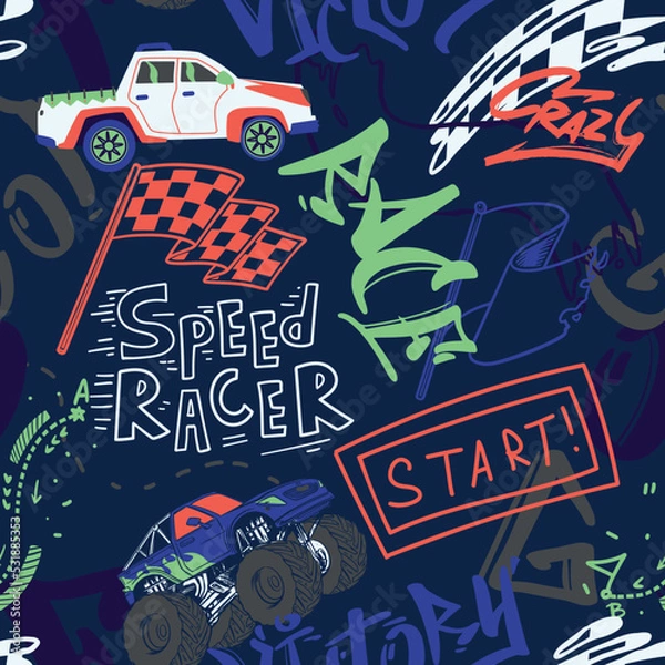 Fototapeta Abstract seamless cars pattern for boy on background. Childish style wheel auto repeated backdrop