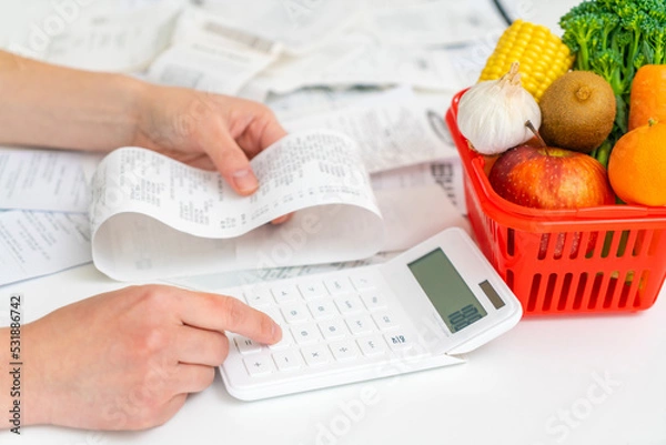 Fototapeta Calcuating household expenses, cost of living and inflation concept