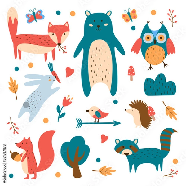 Obraz large colorful collection of cartoon woodland animals 