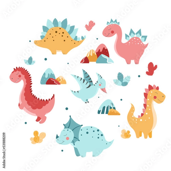 Fototapeta Set of cute dinosaurs, cute vector dinosaur illustrations, set of cartoon dinosaurs on white background, set of cartoon cacti, cute mountains