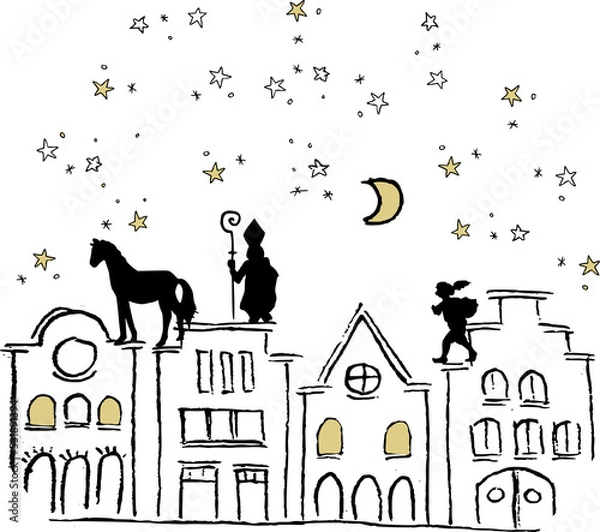Fototapeta Sint en Piet and a horse on the Amsterdam roof