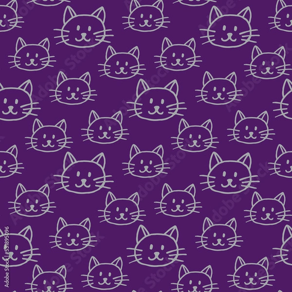 Fototapeta Seamless pattern with gray cats on dark violet background. Vector image.