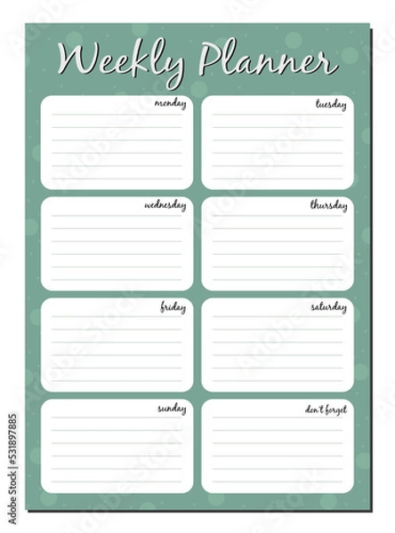 Fototapeta Diary page, weekly planner. Vector design for a daily planner, to-do list for the week.