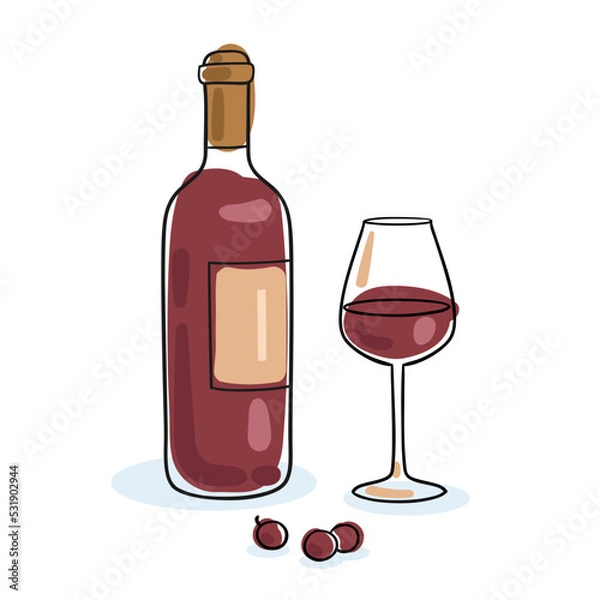 Fototapeta Bottle of red wine and wine glass. Picture in line style. Black contour with colored spots. Isolated on white background. Vector flat illustration.