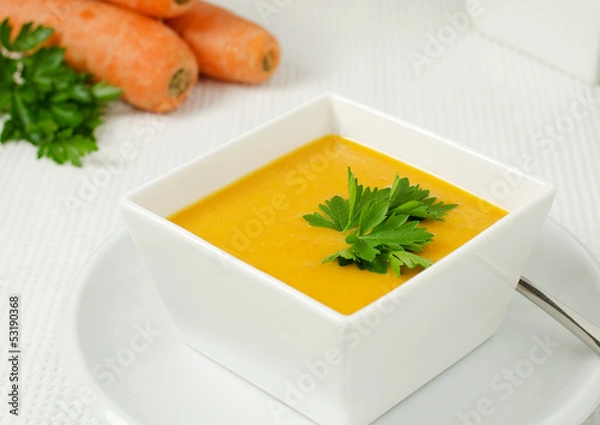 Fototapeta Carrot soup with ginger and parsley